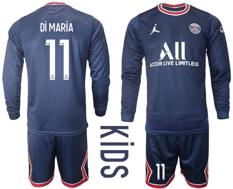 Di María 11 Kinder Paris Saint Germain Heimtrikot 2021-22 PSG Trikotsatz Langarm + Kurze Hosen