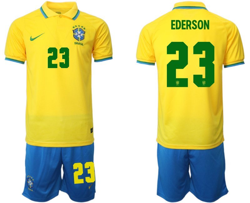 Ederson 23 Brasilien Heimtrikot für die WM 2022 Gelb Trikotsatz Kurzarm + Kurze Hosen Blau