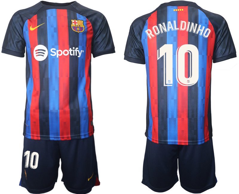 FC Barcelona 2022/23 Heimtrikot dunkles Blau Herren Trikotsatz Kurzarm Ronaldinho 10