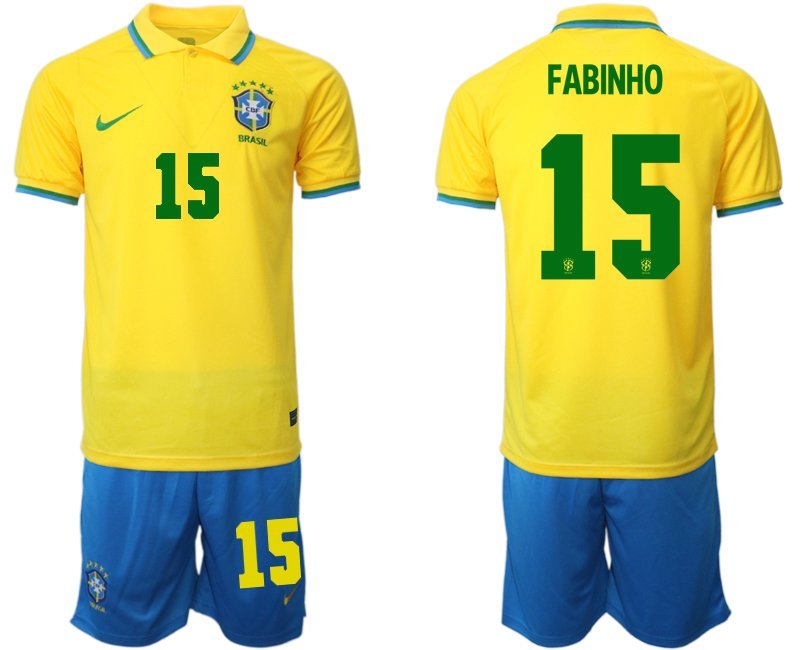 Fabinho 15 Brasilien Heimtrikot für die WM 2022 Gelb Trikotsatz Kurzarm + Kurze Hosen Blau