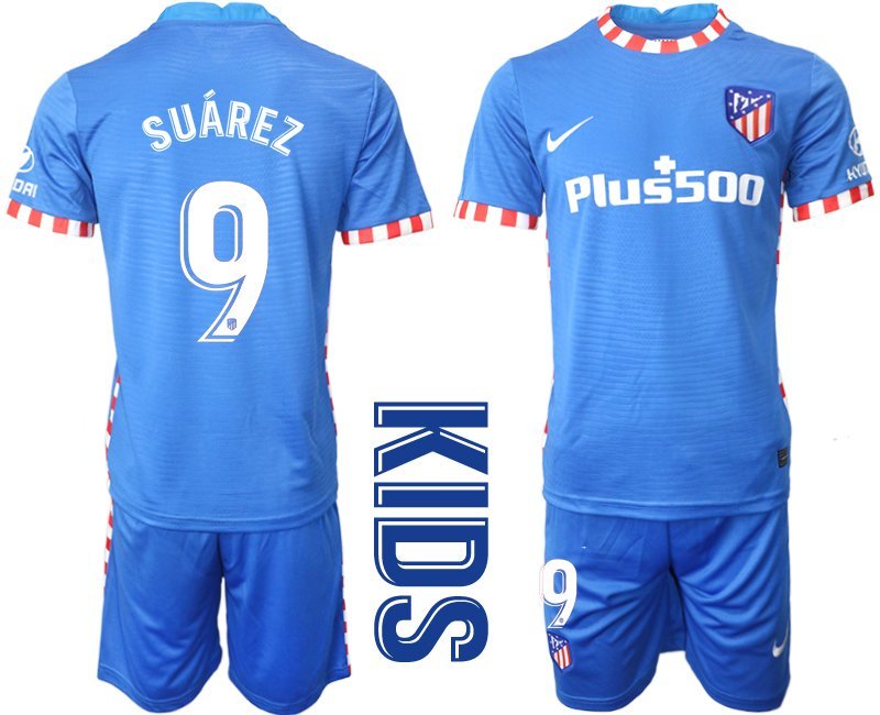 Fußballtrikots für Kinder Atletico Madrid Ausweichtrikot 2021-22 Blau mit Aufdruck Suárez 9