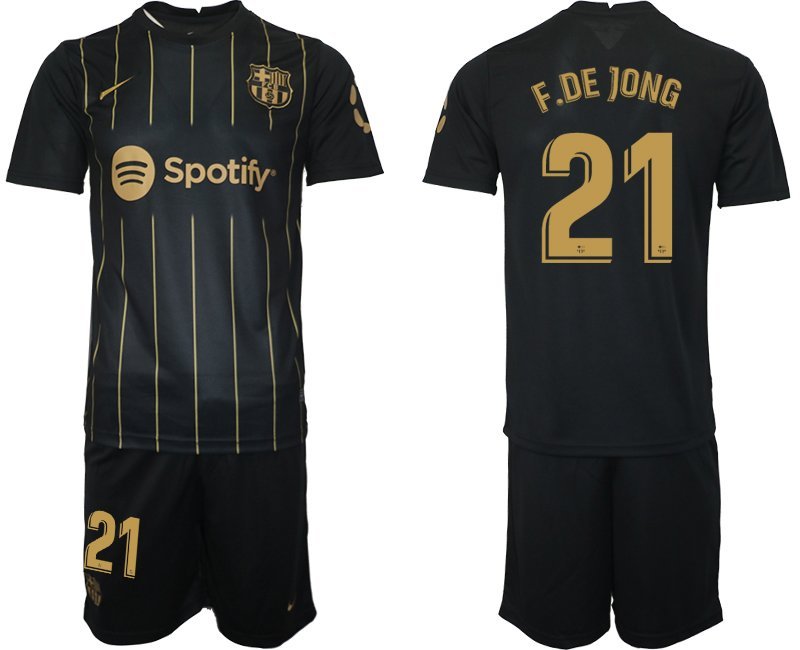 Herren FC Barcelona Trikots 2022-2023 Schwarz Gold Trikotsatz Kurzarm + Kurze Hosen F.DE JONG 21