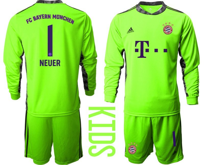 Kaufe Kinder FC Bayern München Torwarttrikot 2020-21 Türkis Langarm + Kurze Hosen Neuer 1