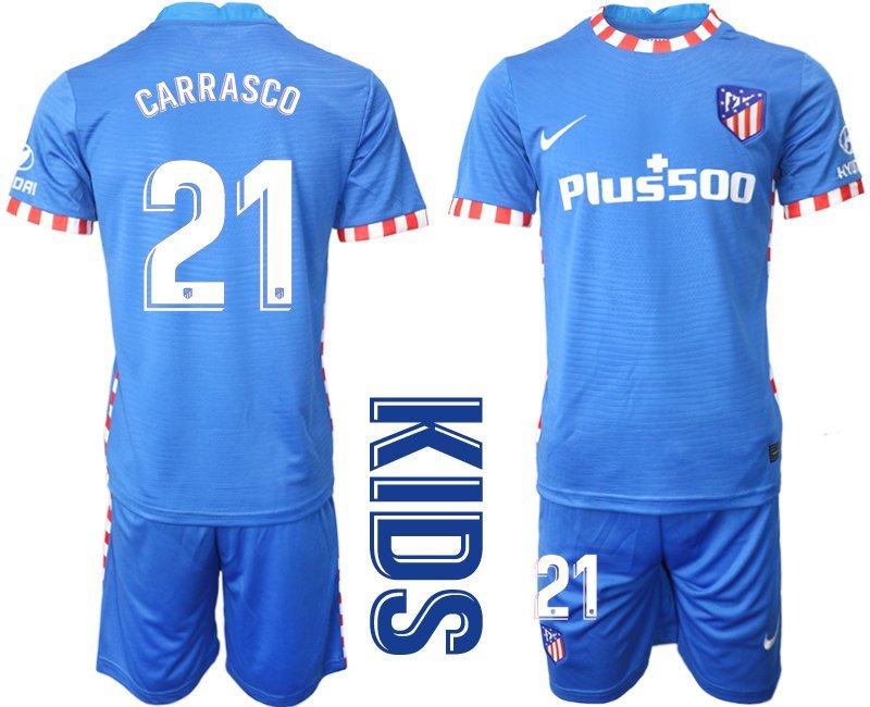 Kinder Atlético Madrid 2021-22 drittes Trikot blau weiß Trikotsatz Kurzarm + Kurze Hosen Carrasco 21