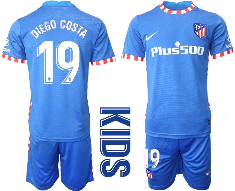Kinder Atlético Madrid 2021-22 drittes Trikot blau weiß Trikotsatz Kurzarm + Kurze Hosen Diego Costa 19