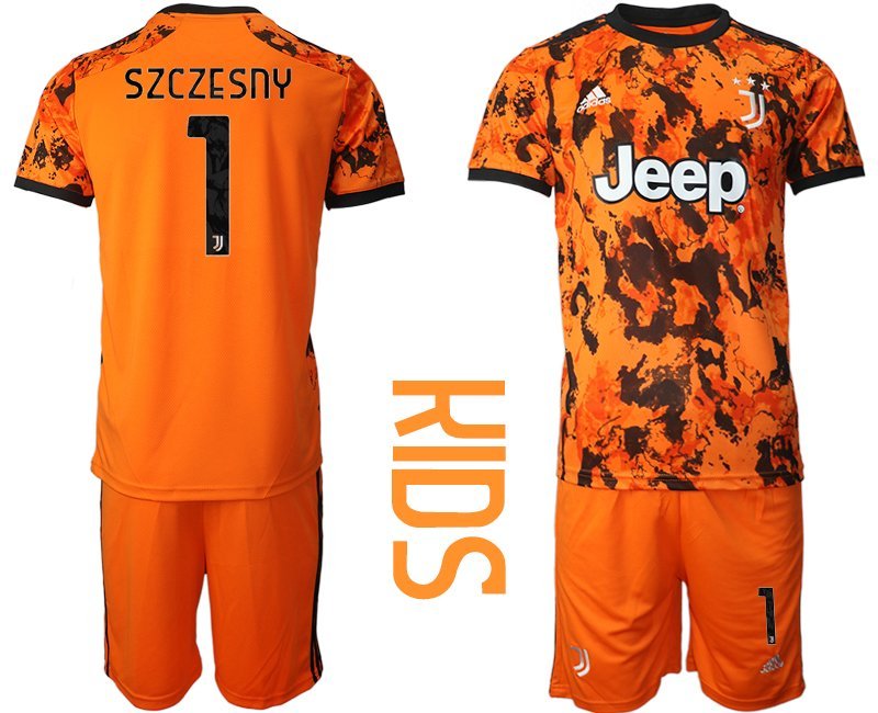 Kinder Juventus Turin 2020-2021 Ausweichtrikot Orange Schwarz Fussballtrikot Szczesny 1