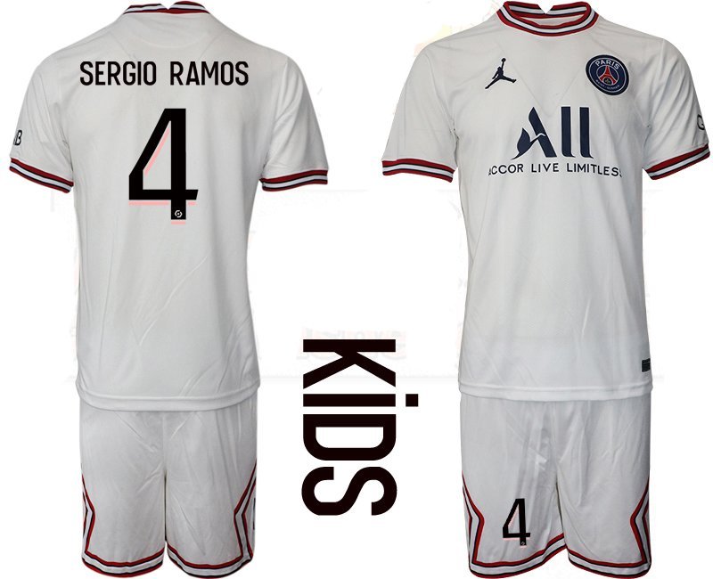 Kinder PSG Fußballtrikots Paris Saint-Germain 4th Trikot 2021-22 mit Aufdruck Sergio Ramos 4
