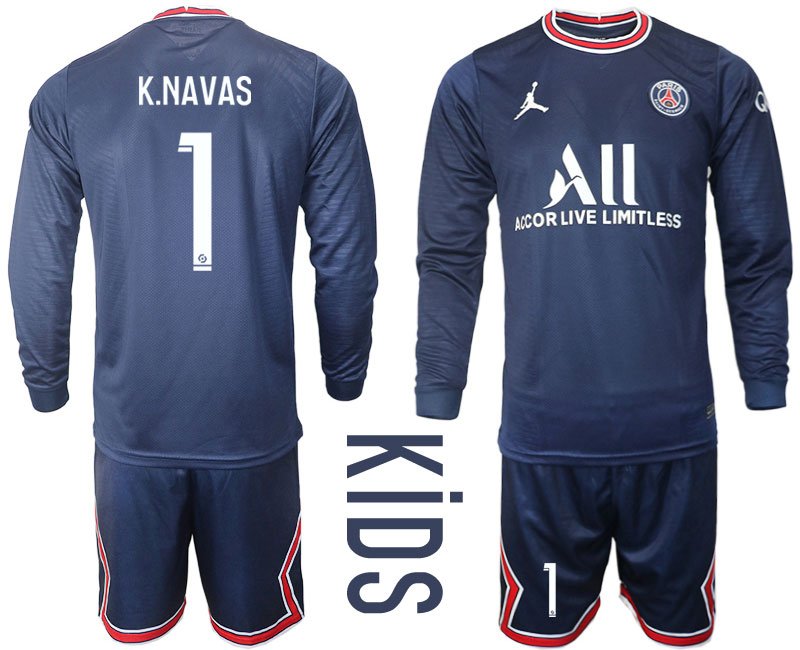 Kinder Paris Saint Germain Heimtrikot 2021-22 PSG Trikotsatz Langarm + Kurze Hosen K.Navas 1