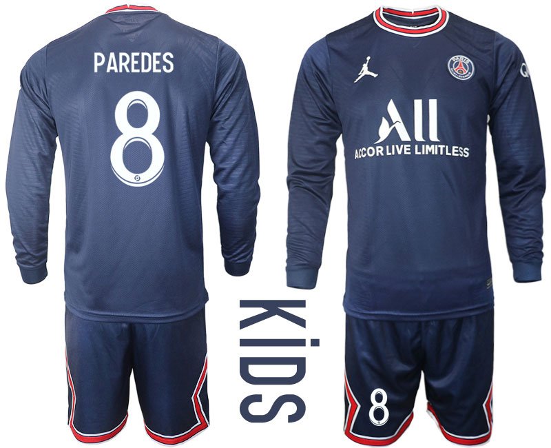 Kinder Paris Saint Germain Heimtrikot 2021-22 PSG Trikotsatz Langarm + Kurze Hosen Paredes 8