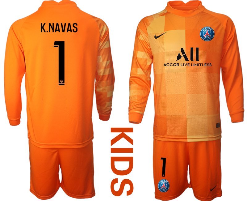 Kinder Paris Saint Germain Torwart Trikot Langarm Orange Trikotsatz mit Aufdruck K.Navas 1