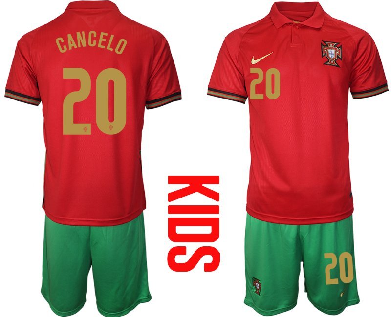 Kinder Portugal Heimtrikot EM 2020-2021 Rot und Grün Trikotsatz mit Aufdruck CANCELO 20