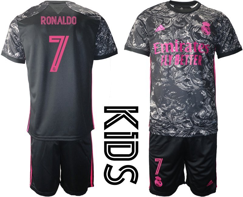 Kinder Real Madrid Ausweichtrikot 2020/2021 Schwarz Pink Trikotsatz mit Aufdruck Ronaldo 7