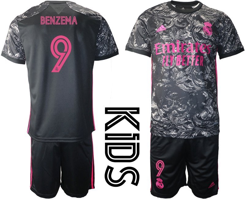 Kinder Real Madrid Drittes Trikot 2020/21 Schwarz Pink Trikotsatz mit Aufdruck Benzema 9