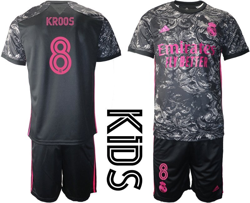 Kinder Real Madrid Drittes Trikot 2020-2021 Schwarz Pink Trikotsatz mit Aufdruck Kroos 8