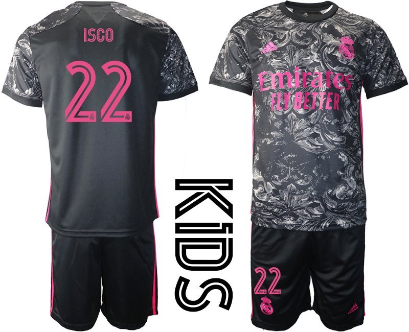 Kinder Real Madrid Drittes Trikot 2020/21 Schwarz Pink Trikotsatz mit Aufdruck ISCO 22