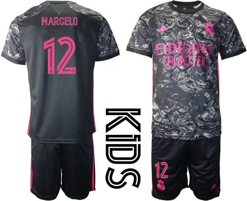 Kinder Real Madrid Drittes Trikot 2020/21 Schwarz Pink Trikotsatz mit Aufdruck Marcelo 12
