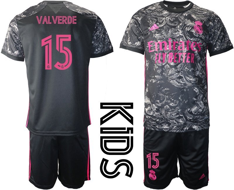 Kinder Real Madrid Drittes Trikot 2020-21 Schwarz Pink Trikotsatz mit Aufdruck Valverde 15