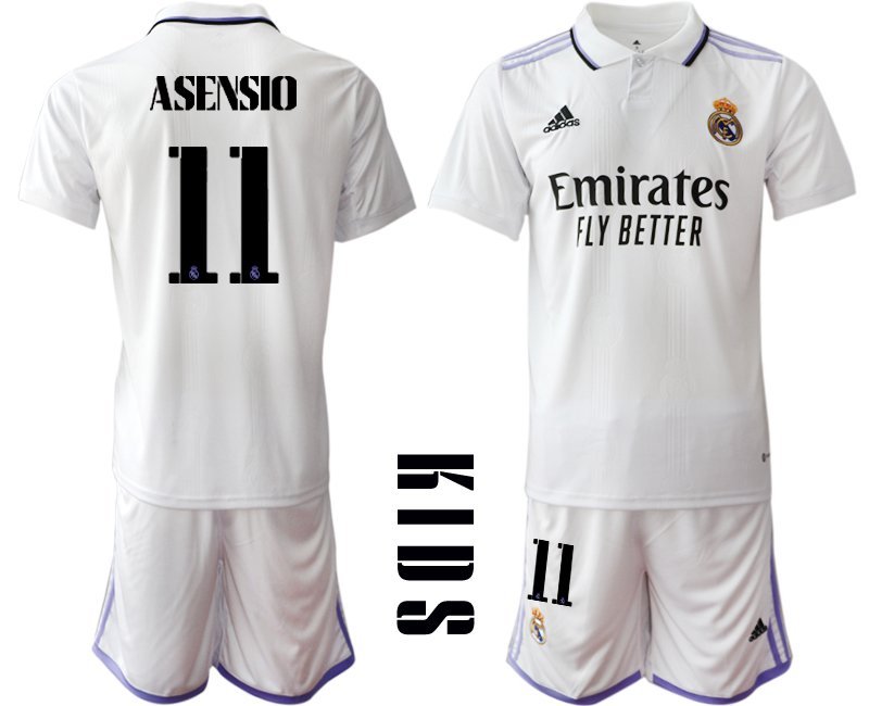 Kinder Real Madrid Heimtrikot 2223 Weiß Trikotsatz Kurzarm + Kurze Hosen mit Aufdruck ASENSIO 11