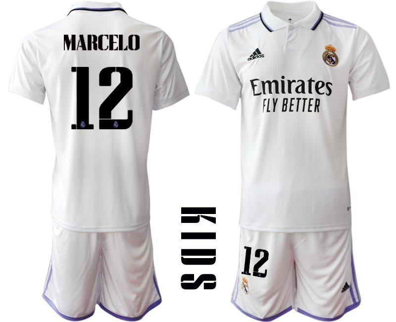 Kinder Real Madrid Heimtrikot 22-23 Weiß Trikotsatz Kurzarm + Kurze Hosen mit Aufdruck MARCELO 12