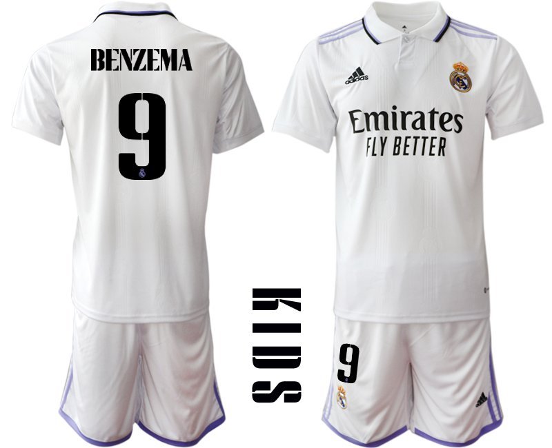 Kinder Real Madrid Trikot Home 2022/23 Weiss Trikotsatz Kurzarm + Kurze Hosen BENZEMA 9