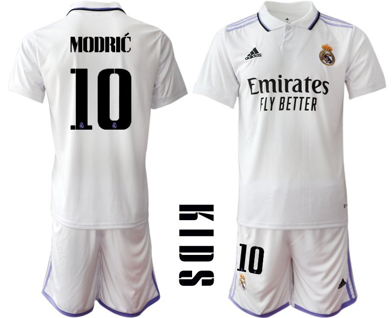 Kinder Real Madrid Trikot Home 2022-23 Weiss Trikotsatz Kurzarm + Kurze Hosen MODRIĆ 10