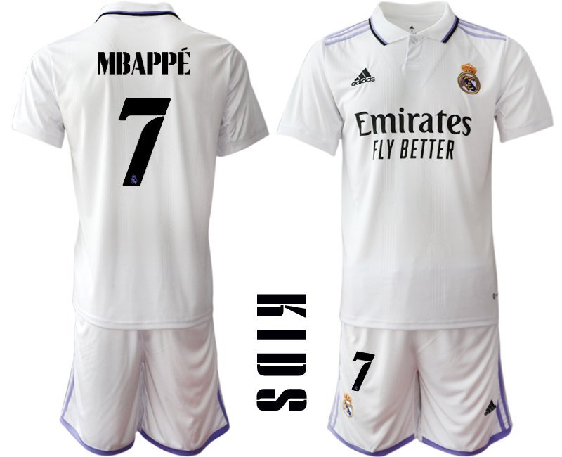 Mbappé #7 Real Madrid 2022-2023 Kinderheim Trikot weiß Trikotsatz Kurzarm + Kurze Hosen