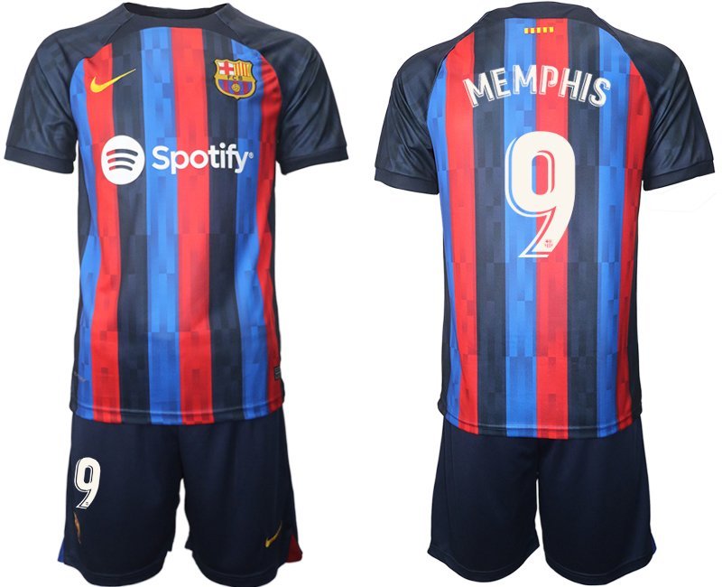 Memphis 9 FC Barcelona 2022/23 Heimtrikot dunkles Blau Herren Trikotsatz Kurzarm