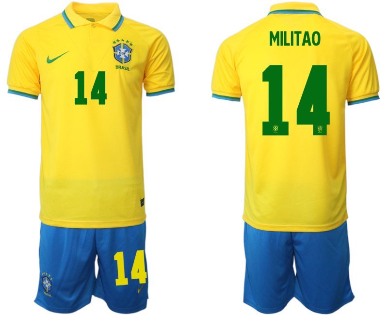 Militao 14 Brasilien Heimtrikot für die WM 2022 Gelb Trikotsatz Kurzarm + Kurze Hosen Blau
