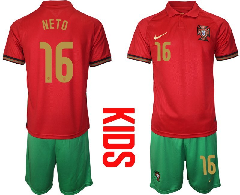 NETO 16 Portugal Heimtrikot EM 2020-2021 Rot und Grün Trikotsatz Kurzarm + Kurze Hosen Kinder