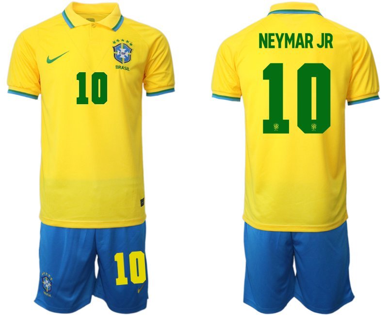 Neymar JR 10 Brasilien Heimtrikot für die WM 2022 Gelb Trikotsatz Kurzarm + Kurze Hosen Blau
