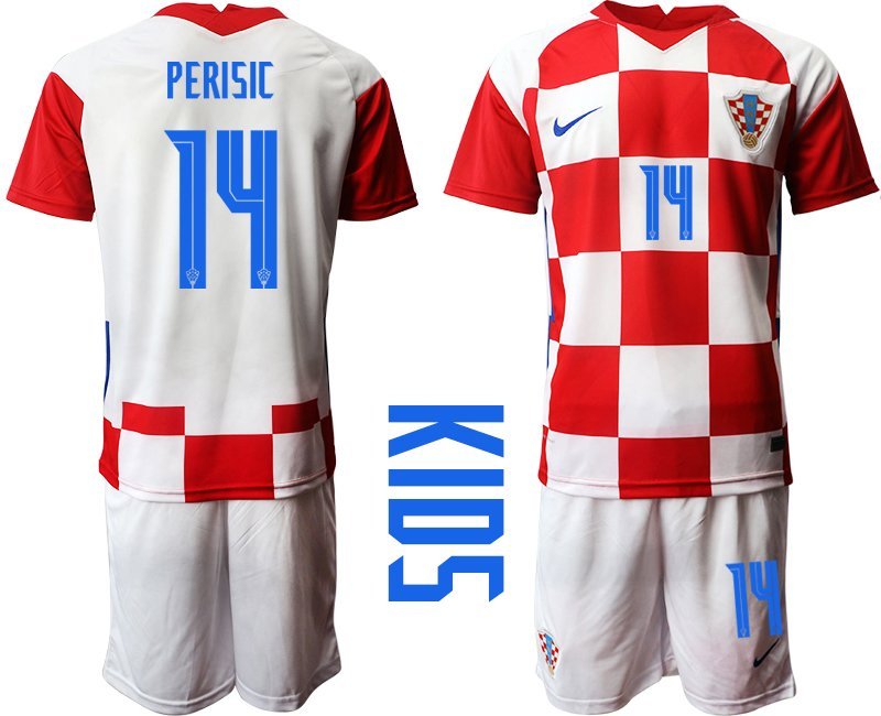Perisic #14 Kroatien Trikot Home Stadium EM 2021 rot weiss Trikotsatz Kurzarm + Kurze Hosen Kinder