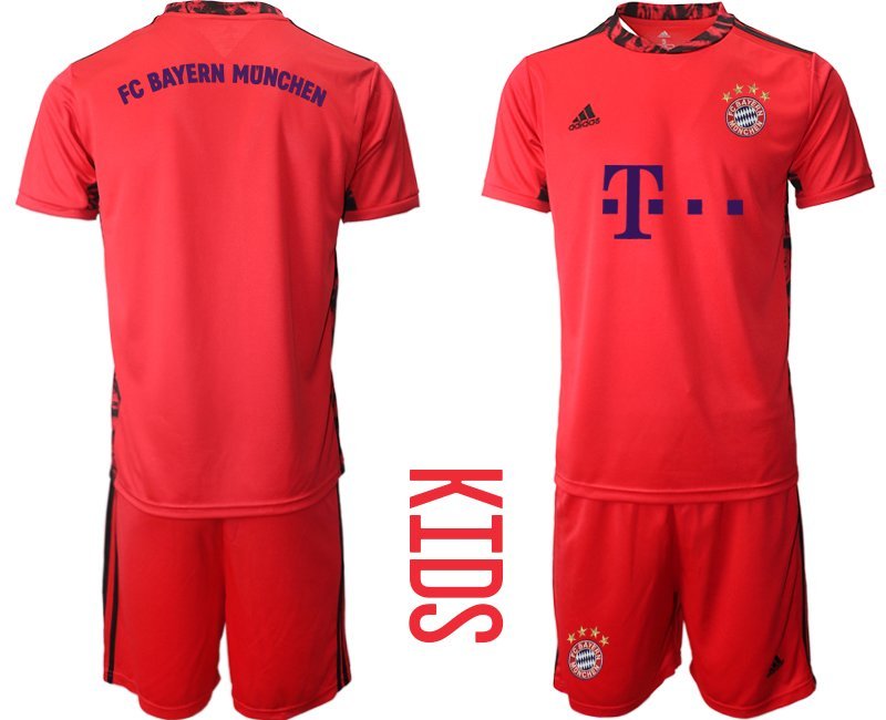 Personalisierbar Bayern Munich Torwart Kindertrikot für draußen rot Trikotsatz Kurzarm + Kurze Hosen