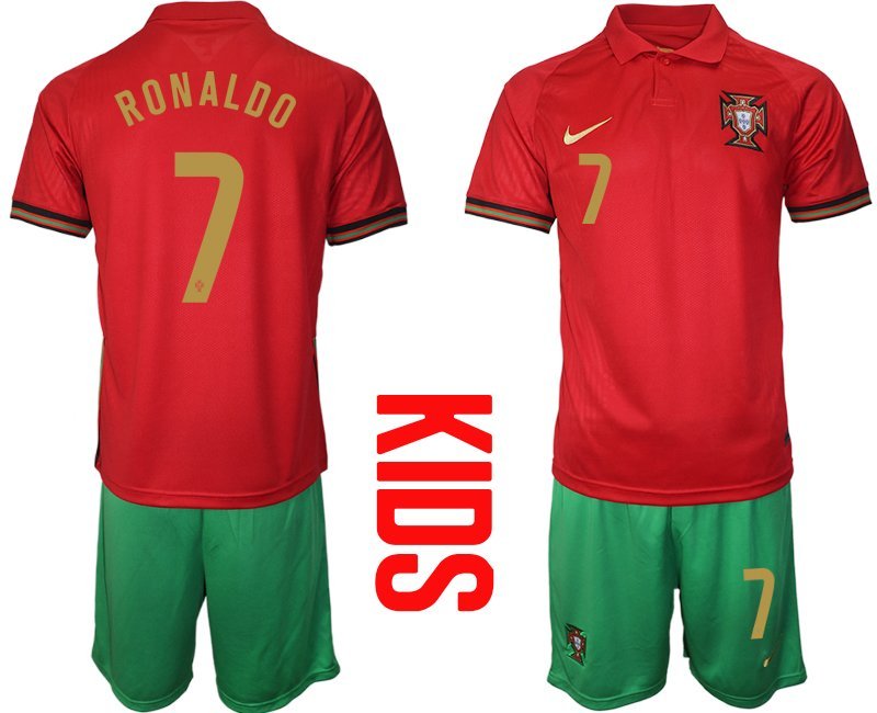 RONALDO #7 Portugal Heimtrikot EM 2021 Rot und Grün Trikotsatz Kurzarm + Kurze Hosen Kinder