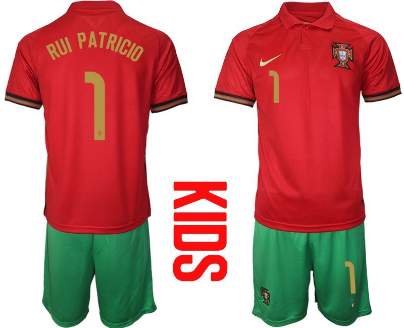 RUI PATRICIO 1 Portugal Heimtrikot EM 2020-2021 Rot und Grün Trikotsatz Kurzarm + Kurze Hosen Kinder