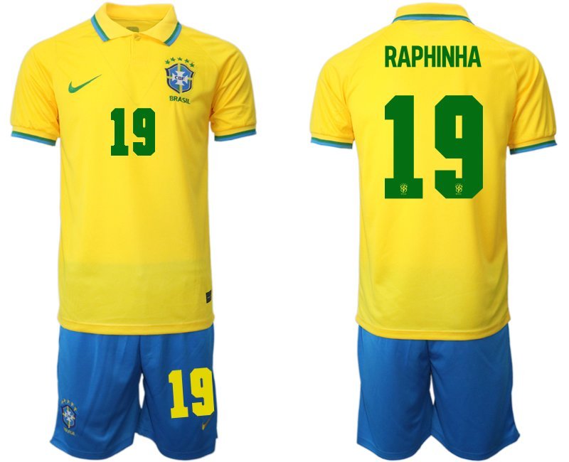 Raphinha 19 Brasilien Heimtrikot für die WM 2022 Gelb Trikotsatz Kurzarm + Kurze Hosen Blau