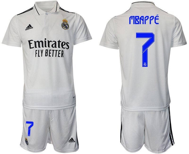 Real Madrid Heimtrikot 2022-2023 weiß Trikotsatz Herren Kurzarm + Kurze Hosen Mbappé 7