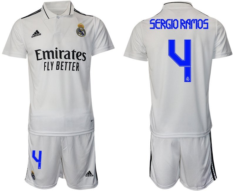 Real Madrid Heimtrikot 2022-2023 weiß Trikotsatz Herren Kurzarm + Kurze Hosen Sergio Ramos 4