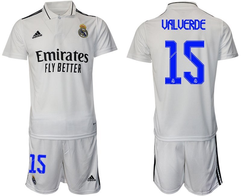 Real Madrid Heimtrikot 2022-23 weiß Trikotsatz Herren Kurzarm + Kurze Hosen Valverde 15