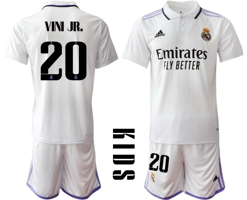Real Madrid Kurzarm T-Shirt Zuhause 202223 Junior Weiß Trikotsatz mit Aufdruck VINI JR.20