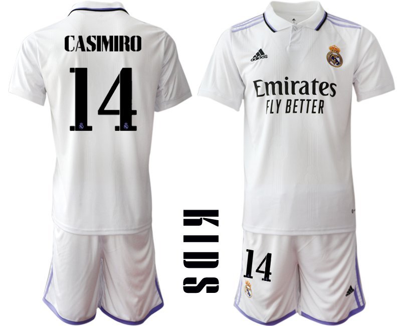 Real Madrid Trikot 2022-2023 Heim Kinder Weiß Trikotsatz mit Aufdruck CASIMIRO 14