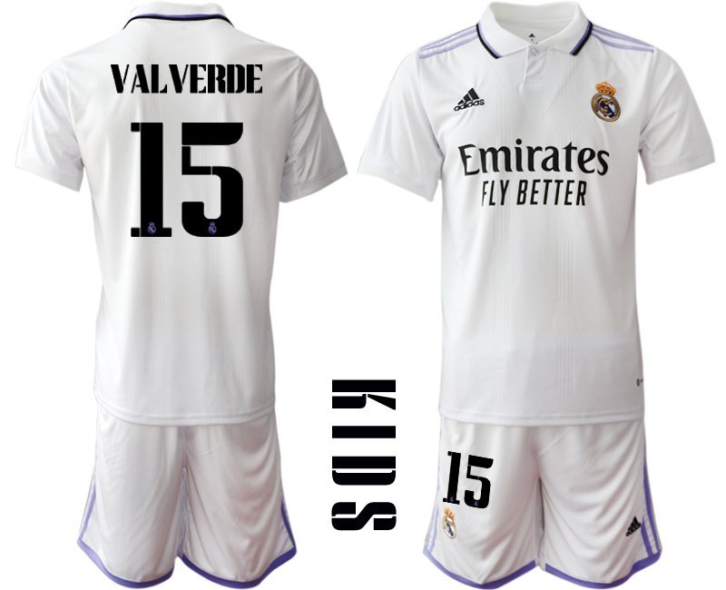 Real Madrid Trikot 20222023 Heim Kinder Weiß Trikotsatz mit Aufdruck VALVERDE 15