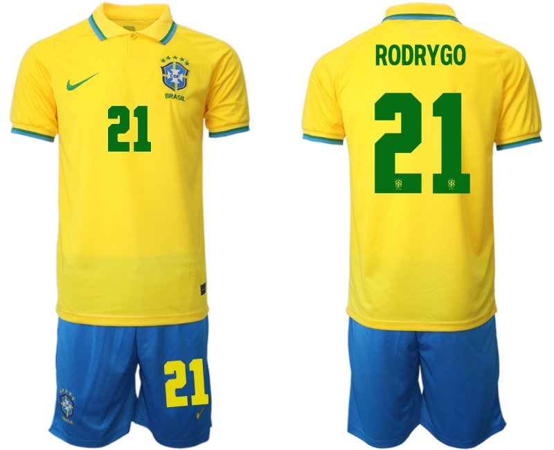 Rodrygo 21 Brasilien Heimtrikot für die WM 2022 Gelb Trikotsatz Kurzarm + Kurze Hosen Blau
