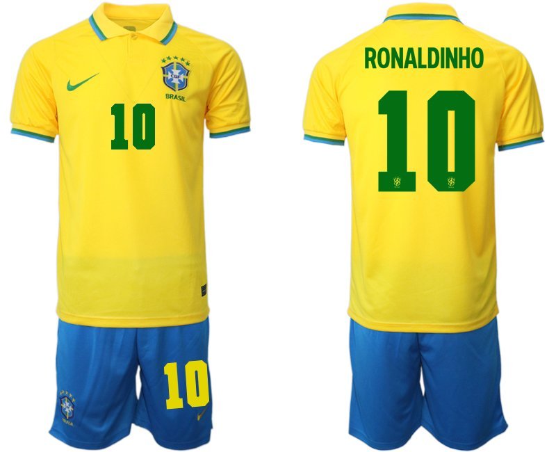 Ronaldinho 10 Brasilien Heimtrikot für die WM 2022 Gelb Trikotsatz Kurzarm + Kurze Hosen Blau