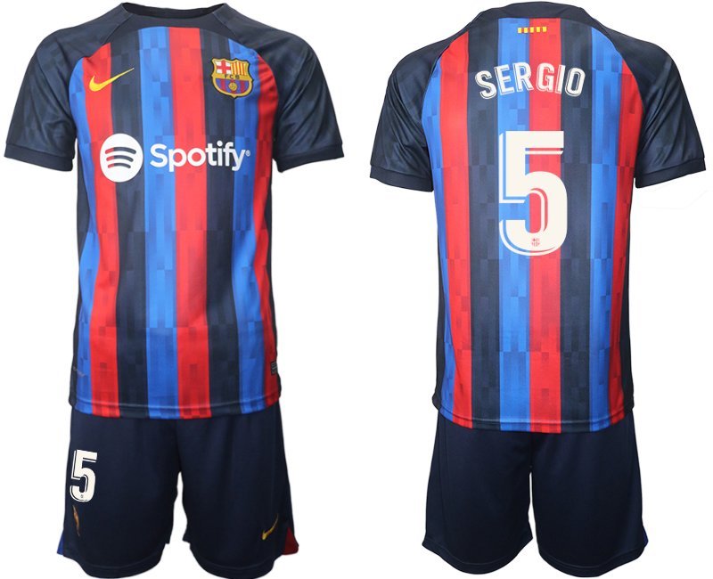 Sergio 5 FC Barcelona 2022/23 Heimtrikot dunkles Blau Herren Trikotsatz Kurzarm