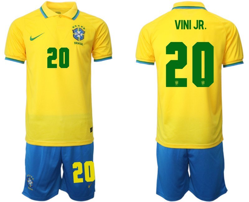 Vini JR. 20 Brasilien Heimtrikot für die WM 2022 Gelb Trikotsatz Kurzarm + Kurze Hosen Blau
