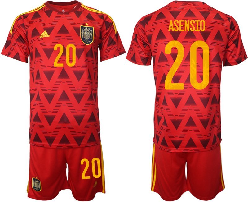 ASENSIO #20 Spanien Heimtrikot für die WM 2022 Rot Trikotsatz Kurzarm + Kurze Hosen