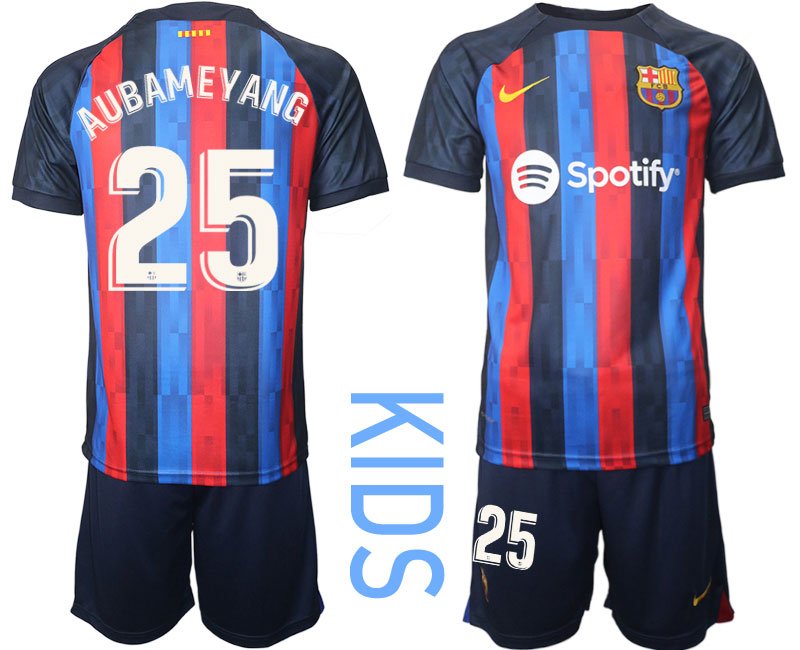 Aubameyang 25 FC Barcelona 2022-23 Heimtrikot schwarz blau rot Trikotsatz Kurzarm Kinder