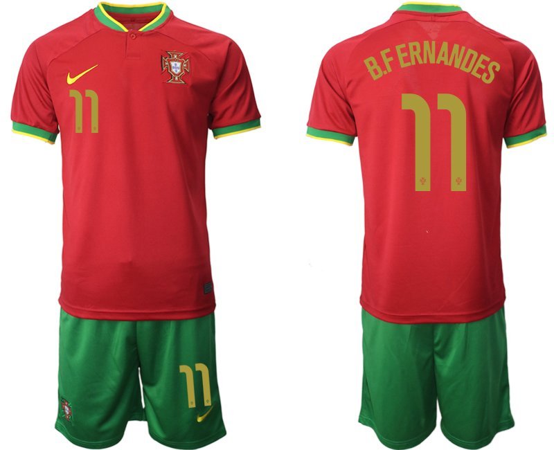 B.FERNANDES 11 Portugal WM 2022 Heimtrikot rot und grün Trikotsatz Kurzarm + Kurze Hosen