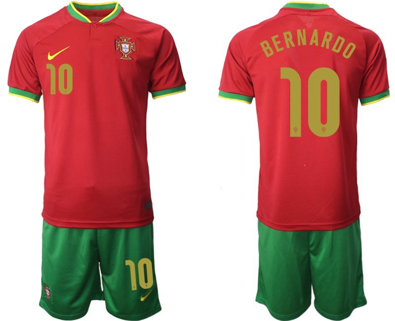 Bernardo #10 Portugal WM 2022 Heimtrikot rot und grün Trikotsatz Kurzarm + Kurze Hosen