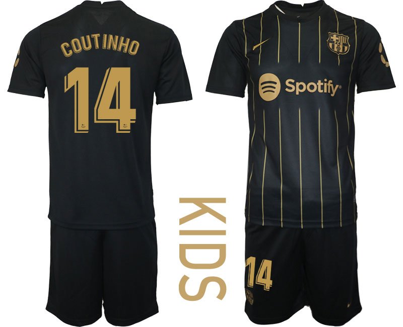 Coutinho 14 FC Barcelona 2022-2023 Trikot Set schwarz gold Fußballtrikot für Kinder